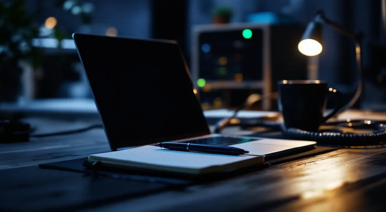 A tidy desk at night with a closed laptop, a notebook, a coffee mug and a coiled console cable