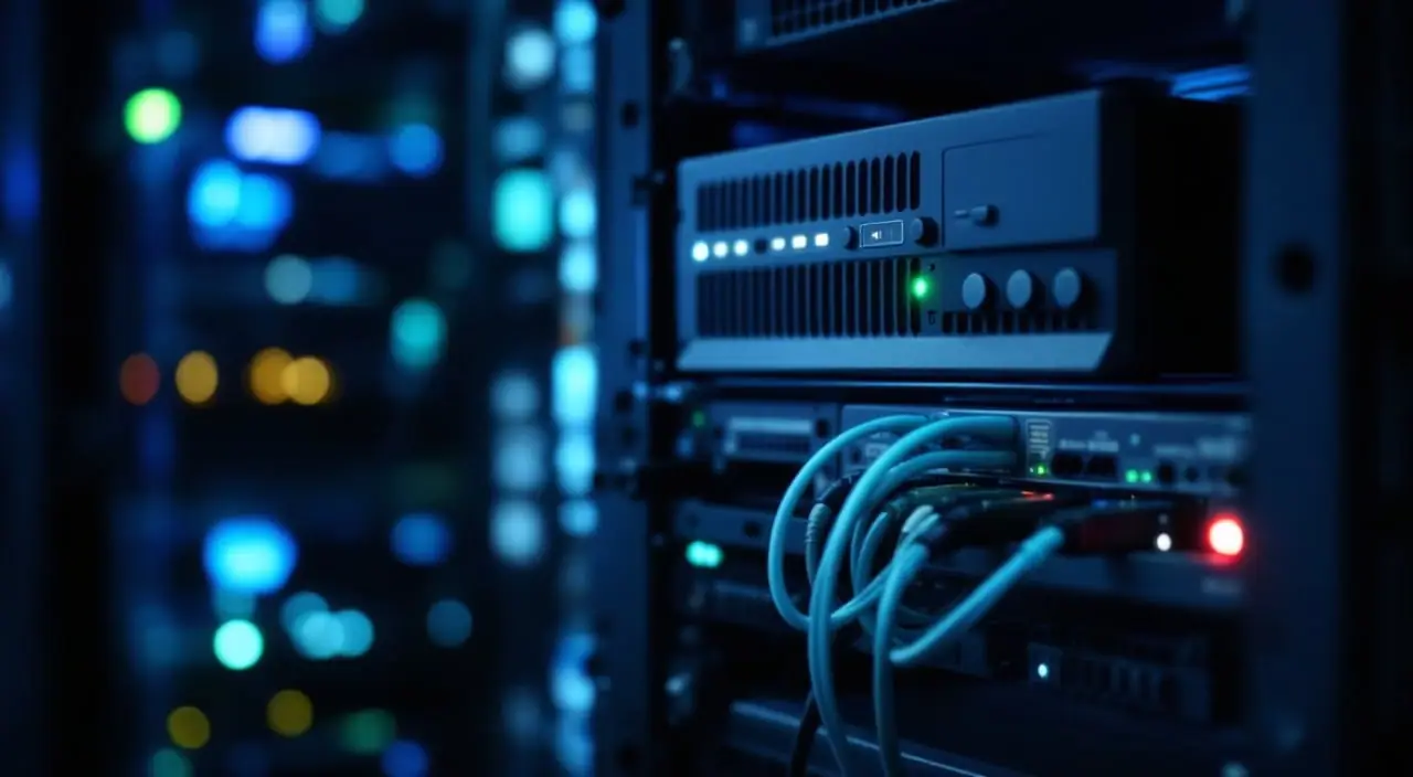 A small server rack at night with backup drives stacked below a server and one green status light.
