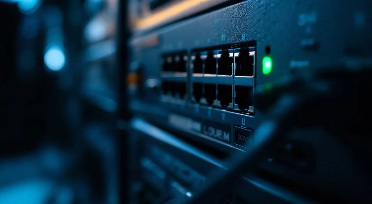 An access switch at night with one patch cable unplugged next to an empty port