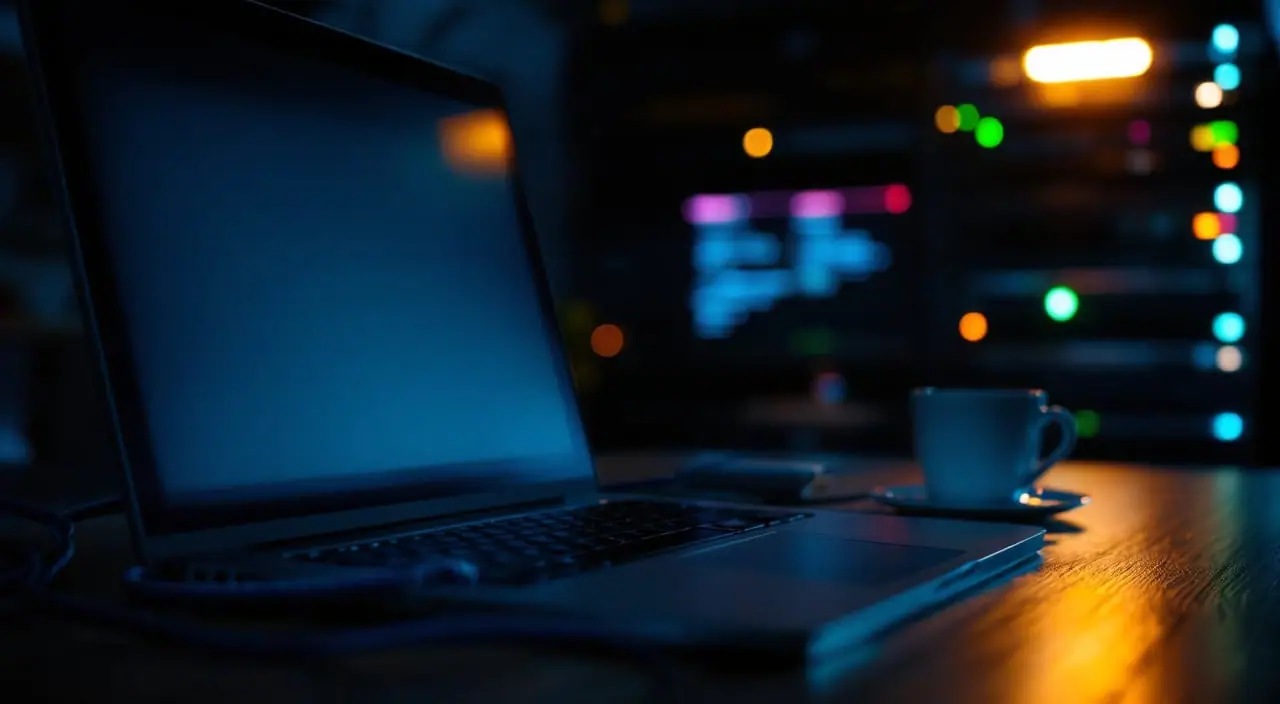A laptop with a coiled console cable and a coffee mug on a desk in a dim operations room