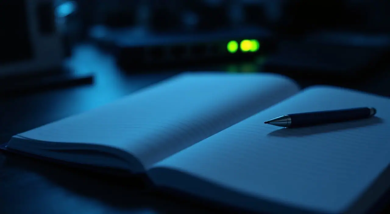 An open paper logbook and a pen on a dark desk, a small switch with green lights blurred behind it
