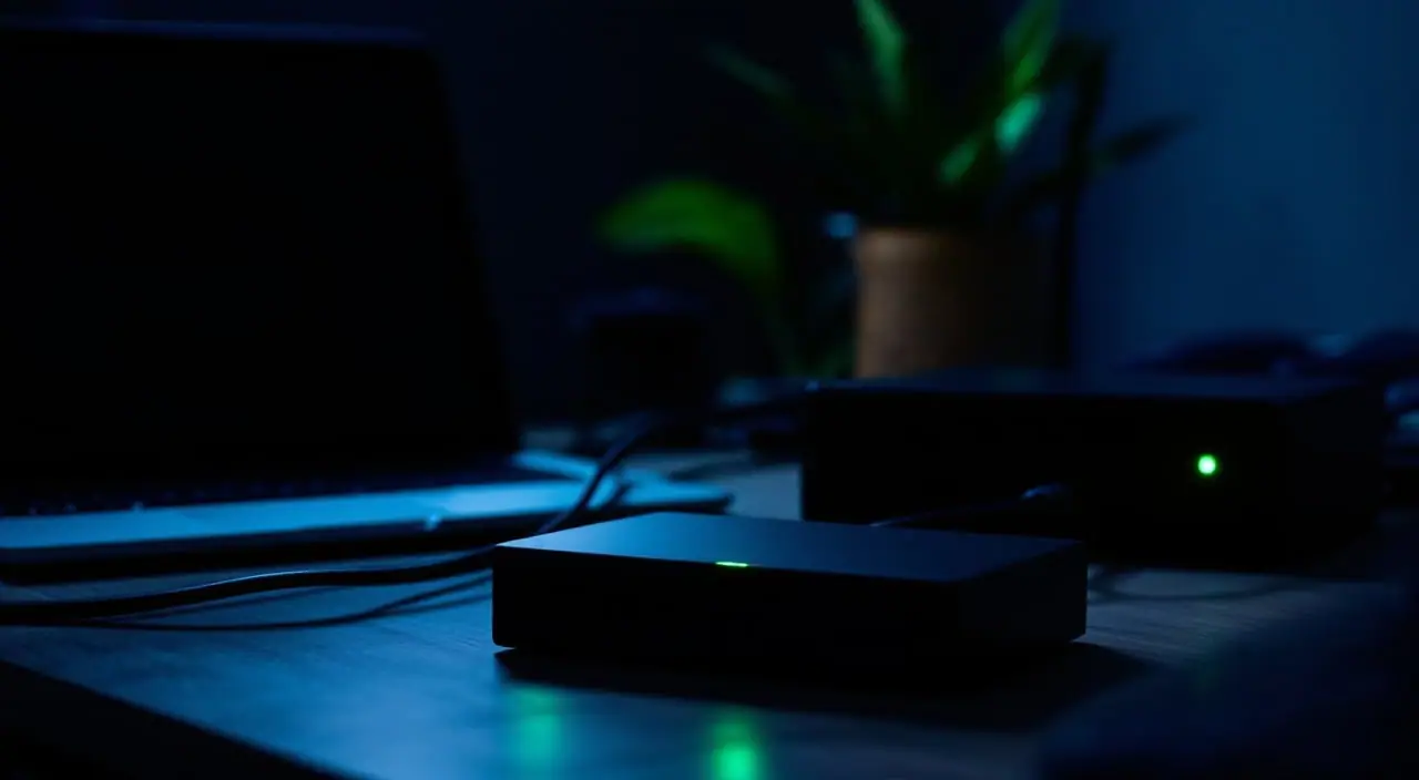 A laptop seen from behind on a dark desk next to a small switch and a single-board computer.