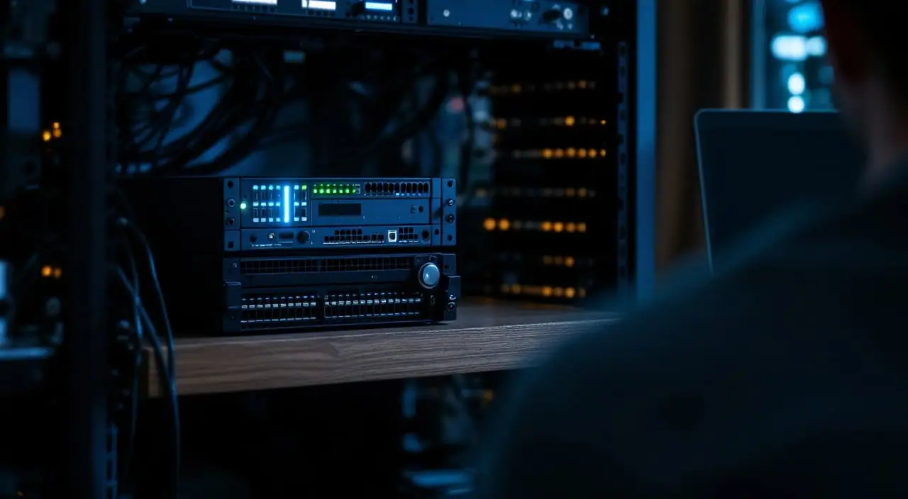A small server and patch panel in a dim rack with a laptop in the foreground