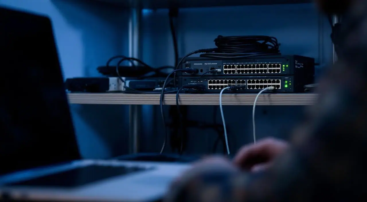 A small home-lab rack with a switch and neat patch cables, a laptop out of focus in front.