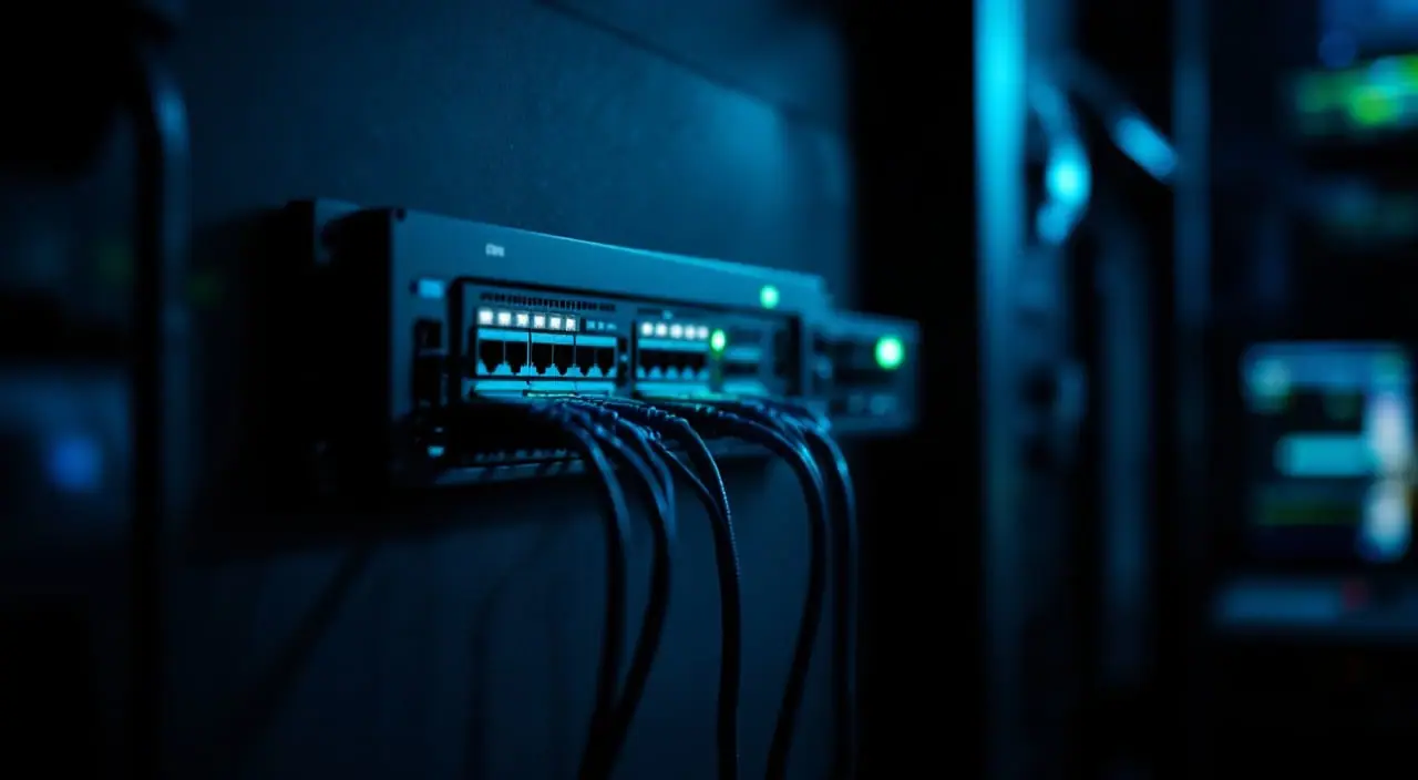 A small network rack with three switches and tidy patch cables in a dim machine room