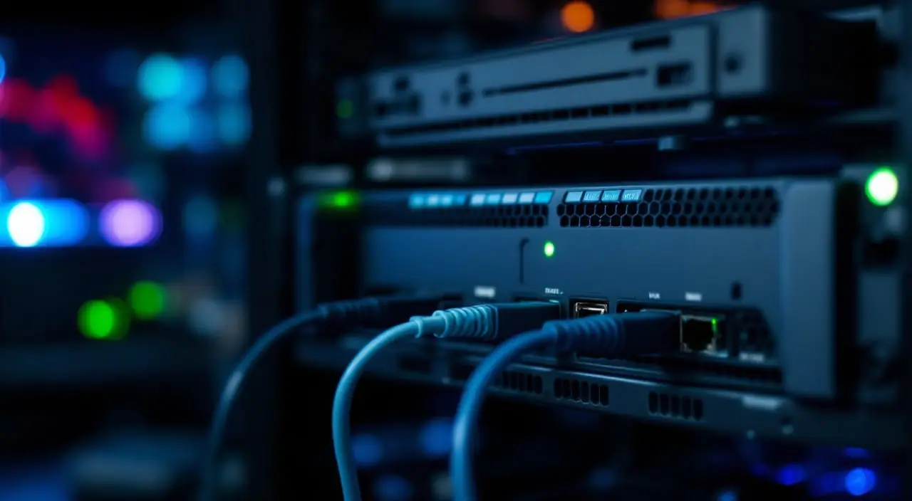 The rear of a rack-mounted server at night with two network cables and a green link light