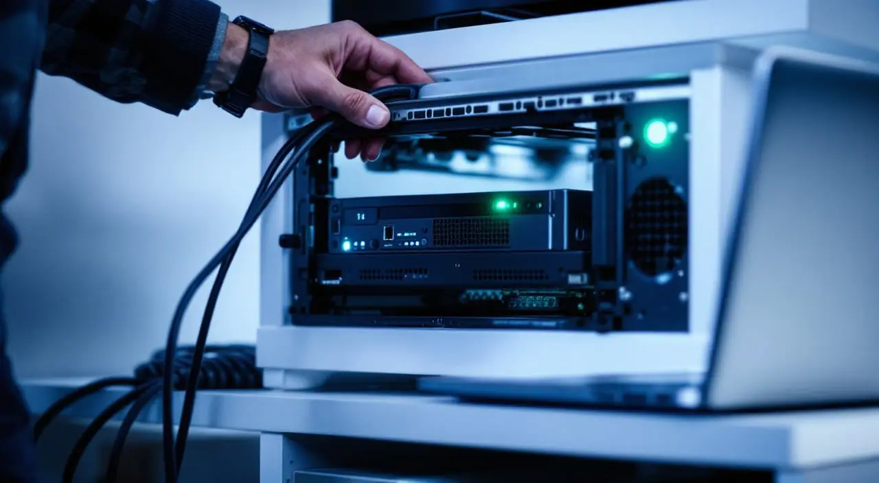 A compact server half inserted into a small rack at night, with one green status light