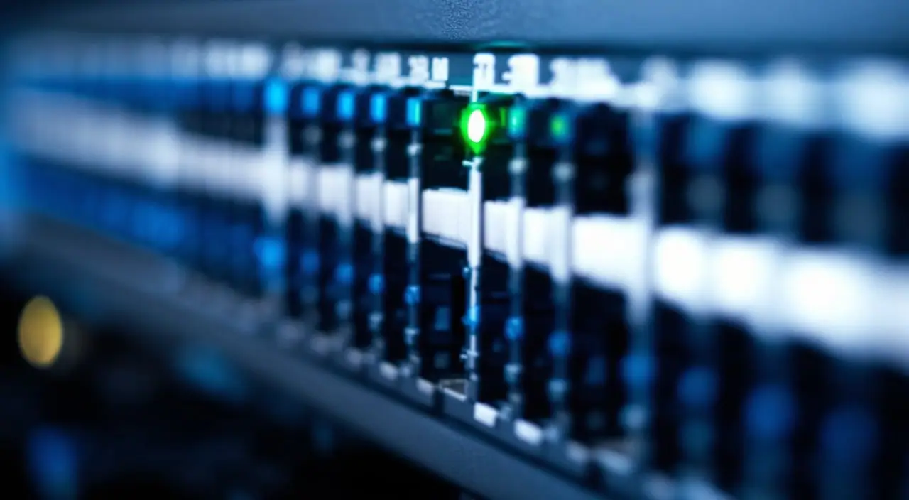 Close-up of switch ports with fiber transceivers and blue patch cables, one green link light glowing
