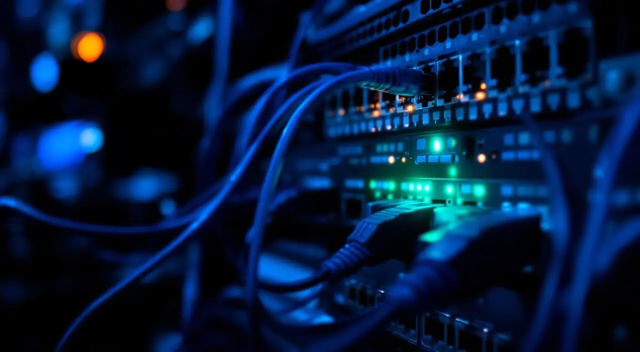 A small network rack at night with a patched switch and one green status light