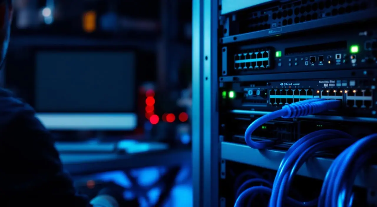 A 48-port access switch in a dark rack with a coiled console cable and a laptop seen from behind