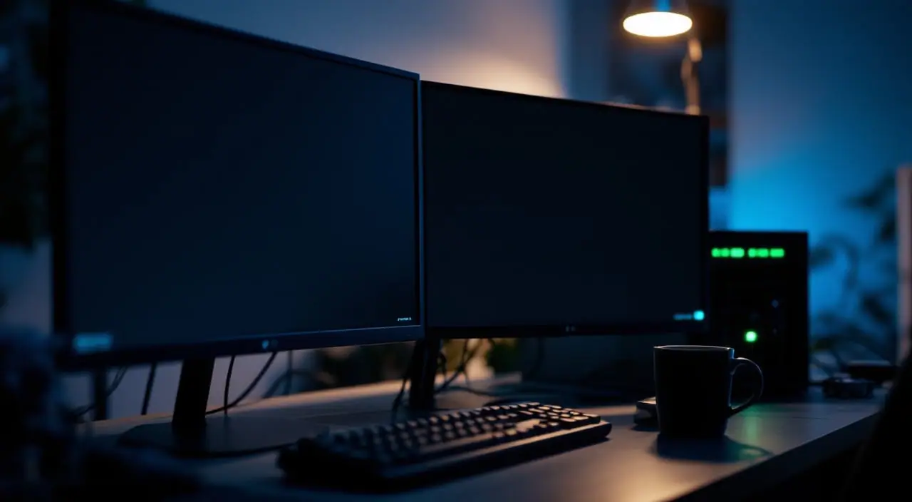 A dim operations desk at night with a coffee mug, a keyboard and two monitors out of focus.