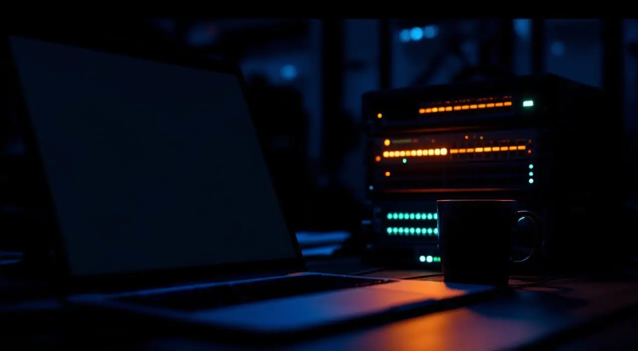 A laptop and a mug of coffee on a desk at night, with a softly lit rack of switches behind