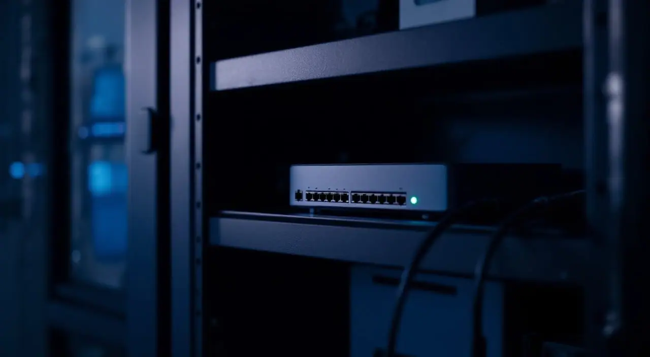 A fanless mini PC beside a small switch in a wall-mounted branch office cabinet
