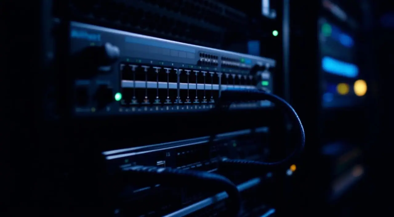 A network switch and a small server in a dim rack, with one green status light lit.