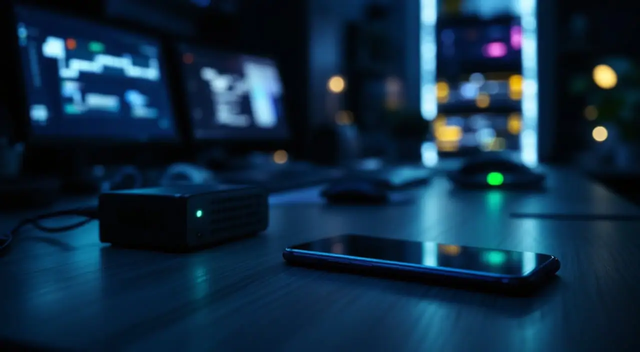 A phone face down on a dark desk next to a small UPS with a green light, a machine room blurred behind.