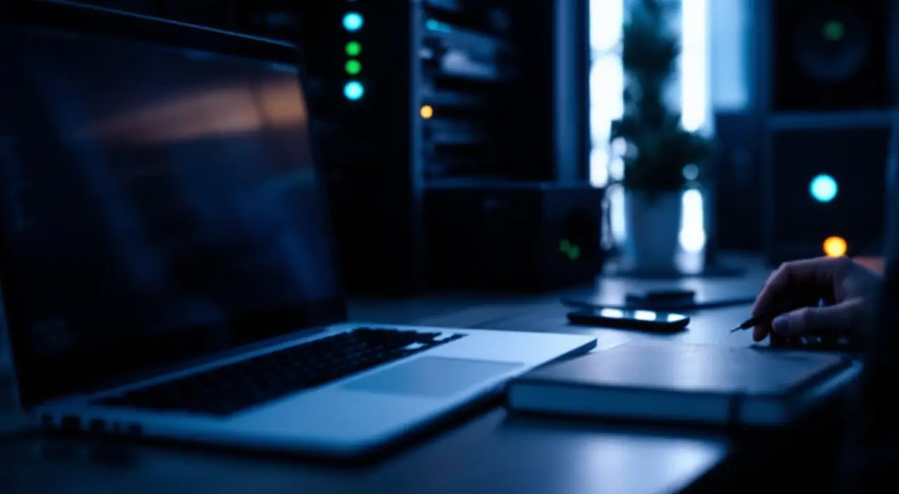 A laptop seen from behind on a dim NOC desk, with a hardware security key beside it and a rack in the background