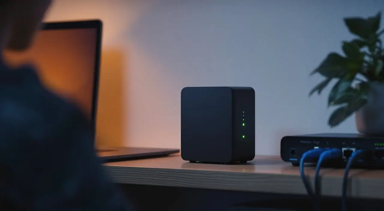 A small mini PC on a shelf beside a compact switch at night, with one green status light