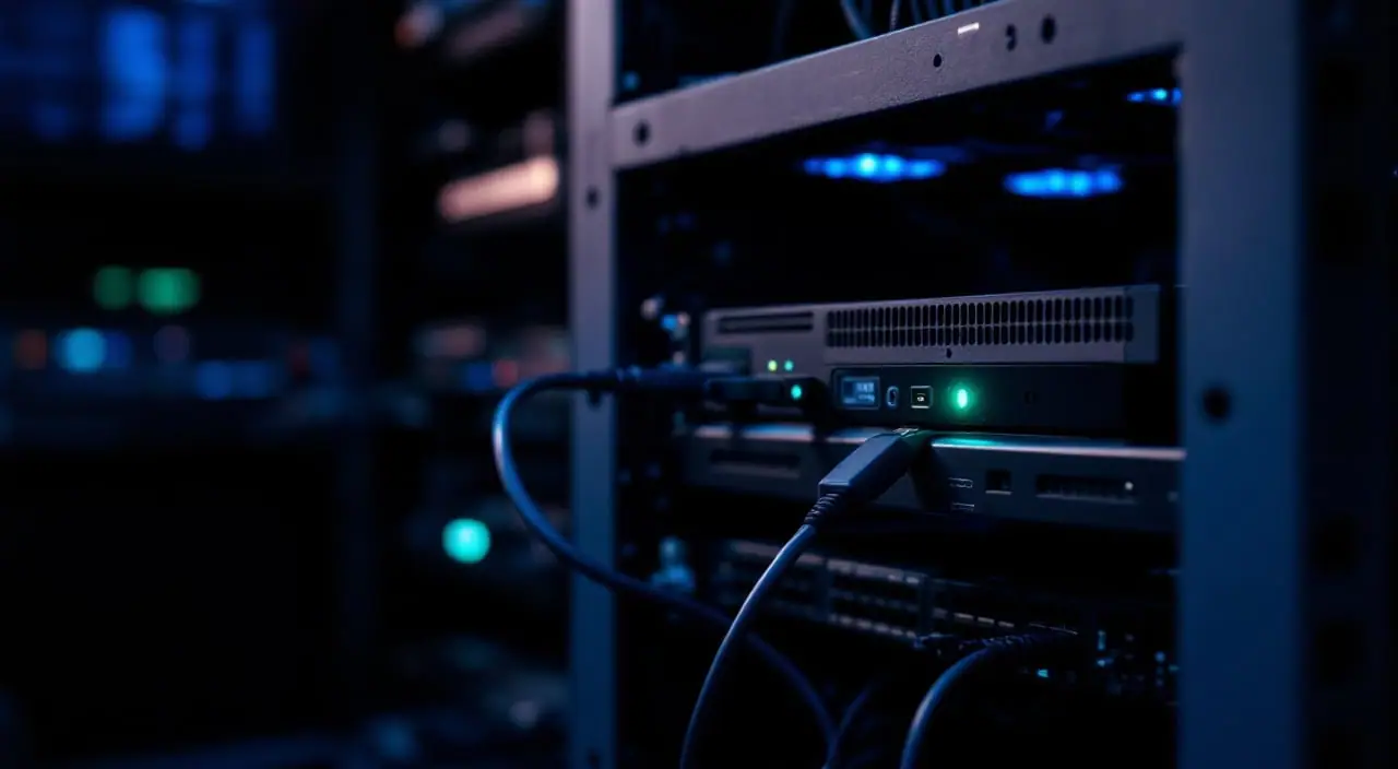 A small rack server at night with a USB stick in its front port and one green status light