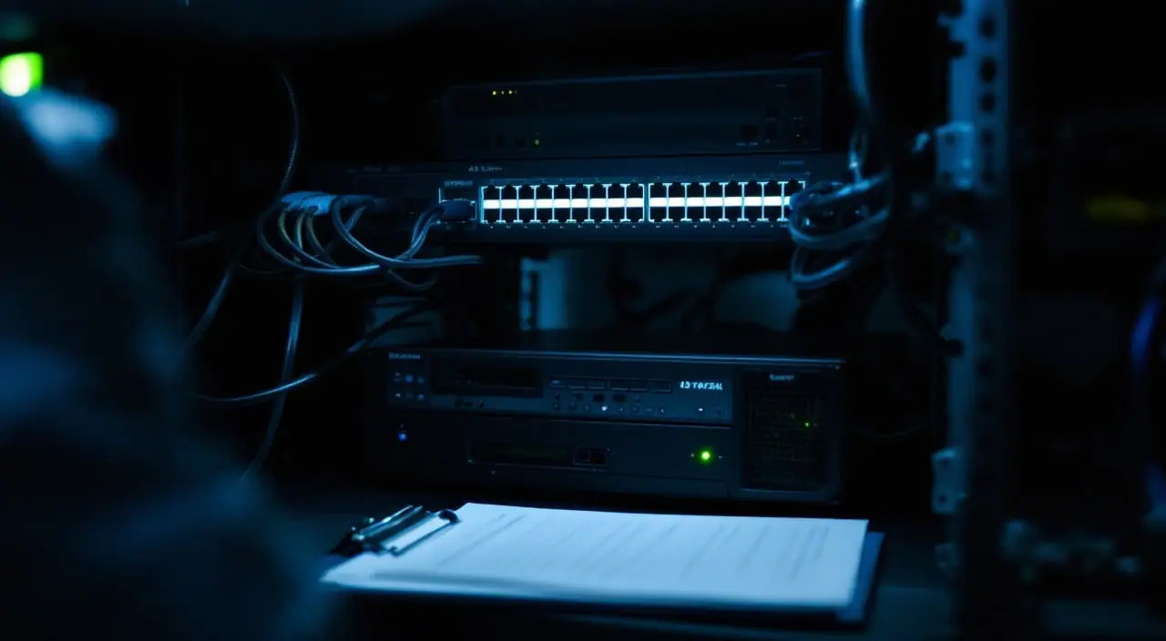 A small rack with a switch, a server and a UPS, with a clipboard resting on the shelf in front