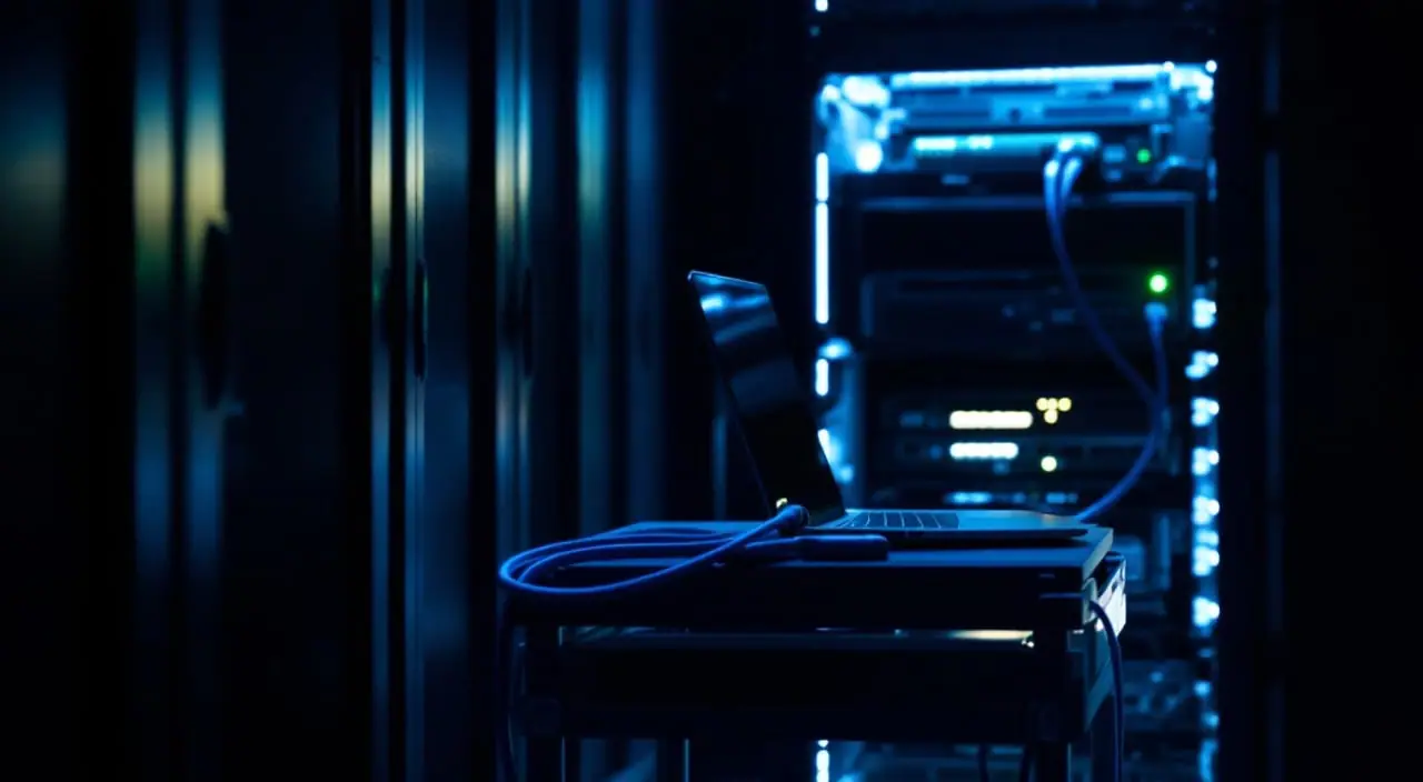 A laptop on a cart connected by a console cable to a rack switch in a dark machine room