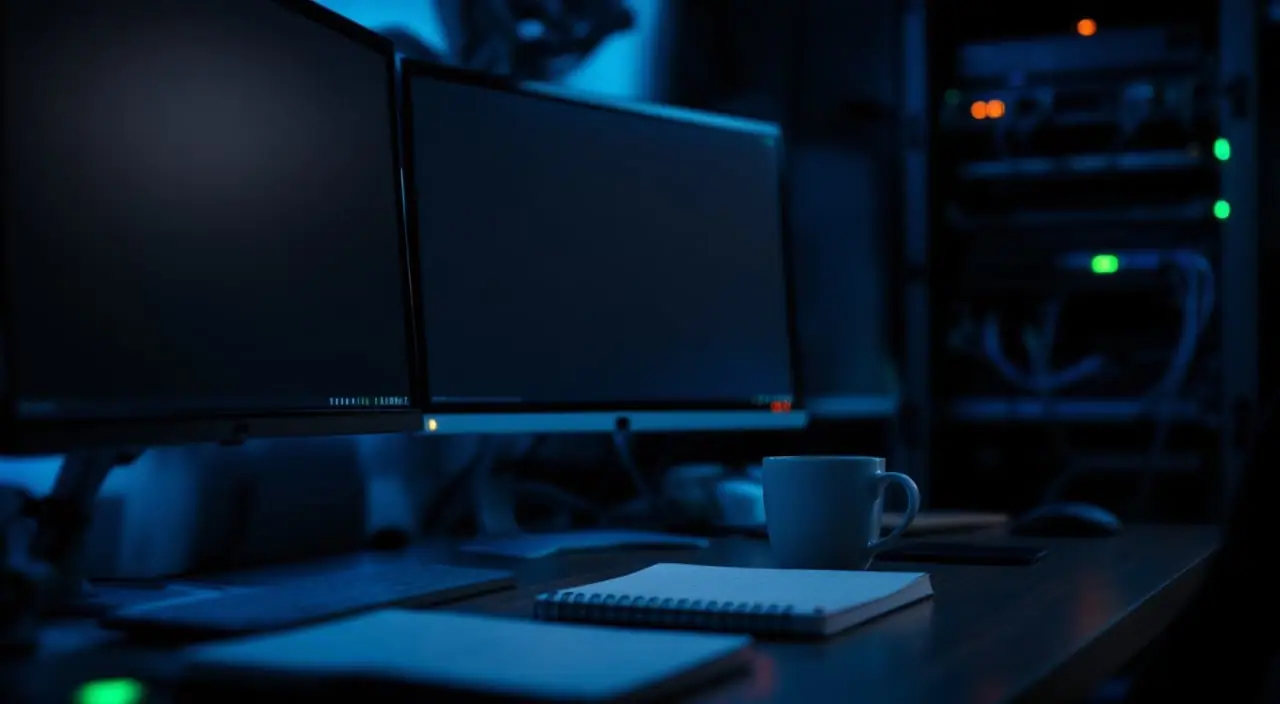 A dark operations desk at night with out-of-focus monitors, a coffee mug and a rack behind