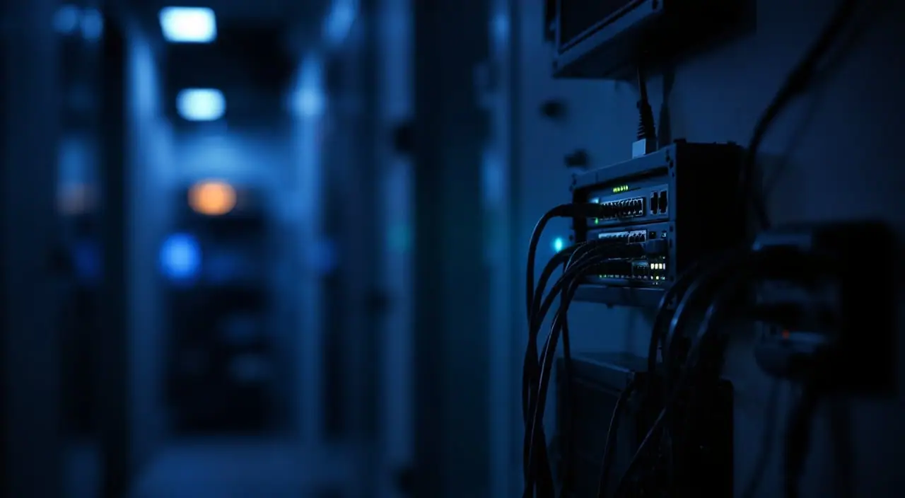 A compact wall-mounted network rack at night with a patch panel, a switch and a few green link lights